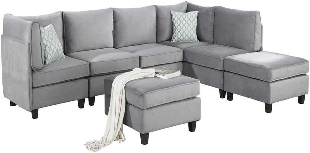 Moulins 7-Piece Contemporary Modular Sectional in Gray Velvet Fabric