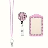 Fashion 3 in 1 Set 34.8'' Sparkle All Round Strap Crystal Neck Lanyard,Exclusive Bling Work Name Card Holder,Retractable Rhinestone Cellphone Necklace ID Badge Reel Clip for Women (Pink)