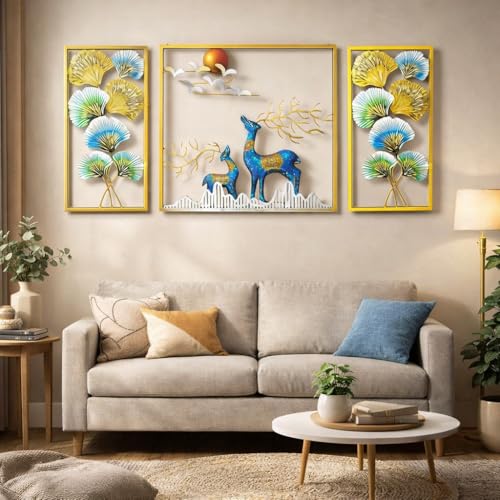 Image of iHandikart 3 Piece Metal Wall Art Deer & Ginkgo Leaf Design | 3 Panel Wall Decor for Living Room | Modern Forest Theme Metal Wall Hanging for Home, Bedroom & Hall | Deer Wall Art Set | 52x25 Inch