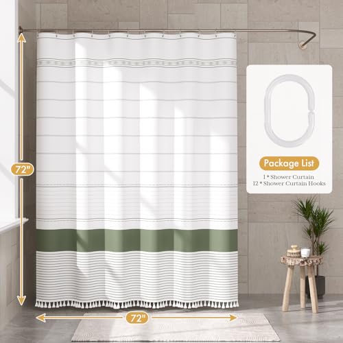 Image of AmazerBath Boho Shower Curtain Set, Rustic Faux Linen Sage Green Striped Shower Curtain with Hooks, Modern Farmhouse Shower Curtain with Tassels, White Base Toned, 72x72 Inches