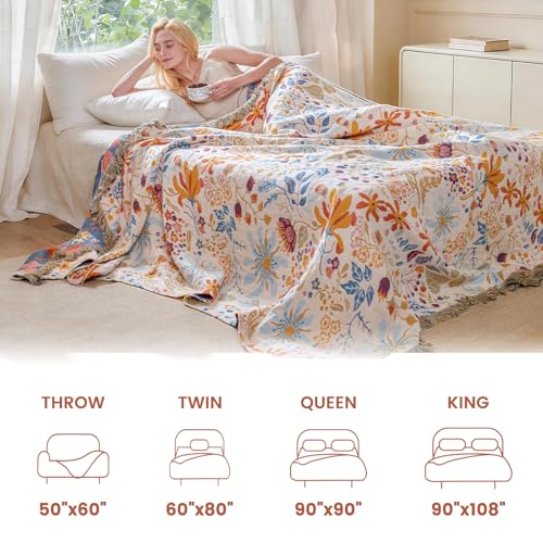 Image of MSGKV Boho Throw Blanket 50 inchx60 inch 100% Cotton Floral Blanket Couch Decor