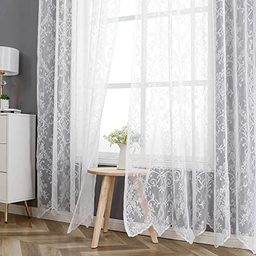 Wubodti White Lace Curtains With Valances 1 Panel, Floral Embroidered Semi Sheer Drapes Rod Pocket Lace Tulle Window Curtain With Attached Valance For Living Room Bedroom Balcony, 60" W X 90" H #TOP4