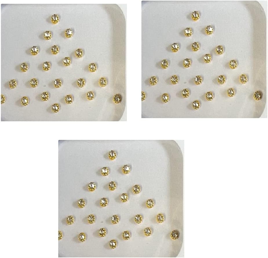 Oj 1 Golden Stone Bindi Fancy Designer Tikali Kumkum Self-Adhesive Sticker Bindiya Tikka Giftable Forehead Skin Friendly Glue Traditional Unique Bindi For Womens & Girls Pack Of 3 Bindi