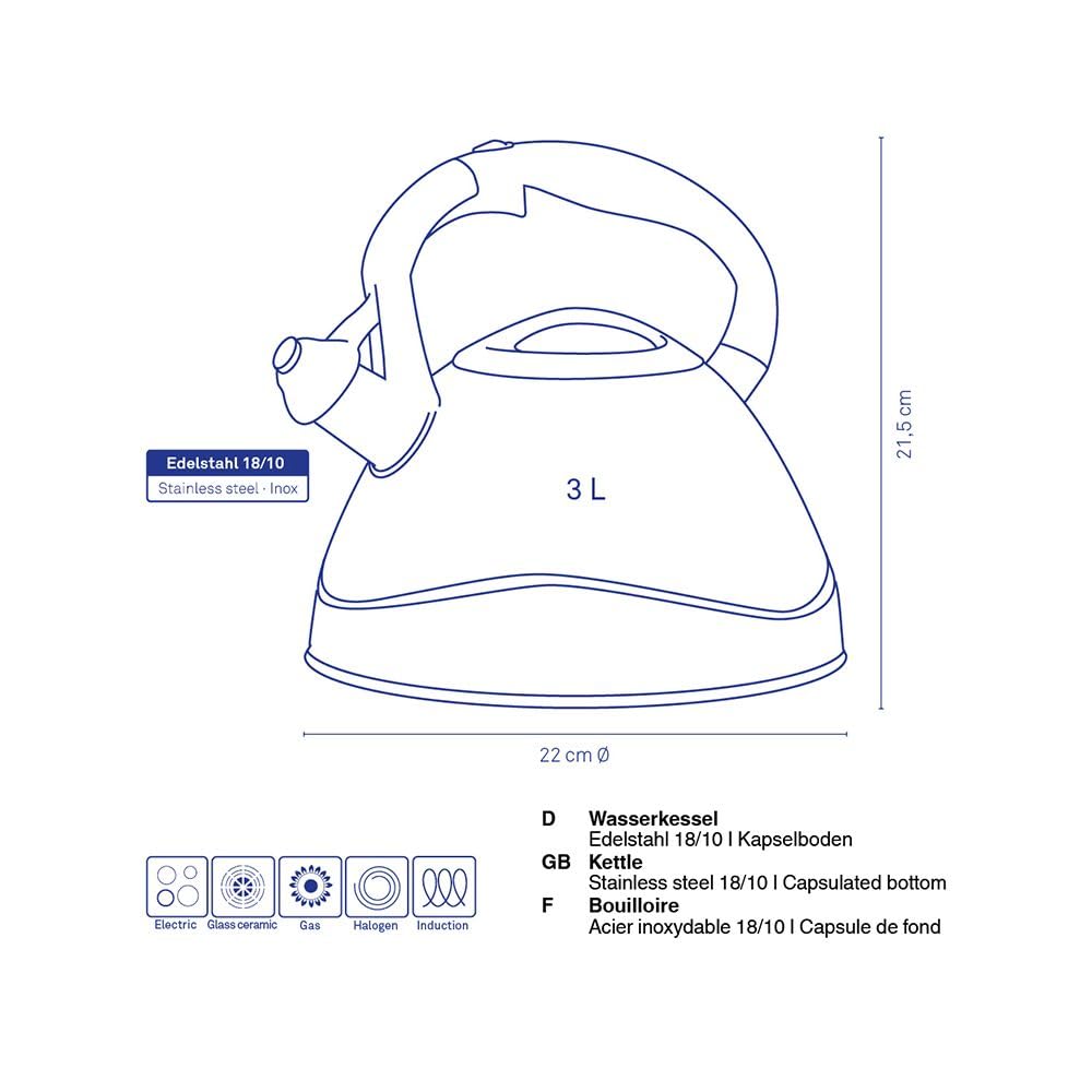 kela Bouilloire à induction 3L, bouilloire à flûte en acier inoxydable, pour tous les types de cuisinières, avec ouverture sécurisée du couvercle verseur par bouton-poussoir, VARUS, noir brillant