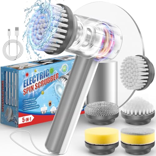 Hattyroom Handheld Electric Spin Scrubber, Bathroom Scrubber Rechargeable Shower Scrubber With 5 Replaceable Brush Heads, Cordless Cleaning Brush Power Scrubber For Floor Wall Tile Tub Sink Grill Dish Kitchen cover