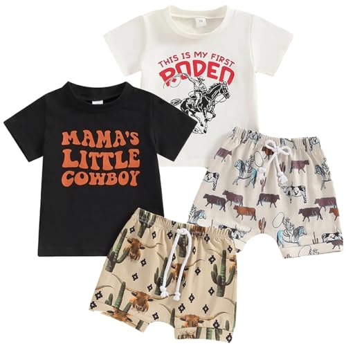 Image of VZF Baby Cowboy Outfits Toddler Western Cow Print Short Sleeves Shirt+Elastic Shorts Baby Boy Casual Summer Clothes Set