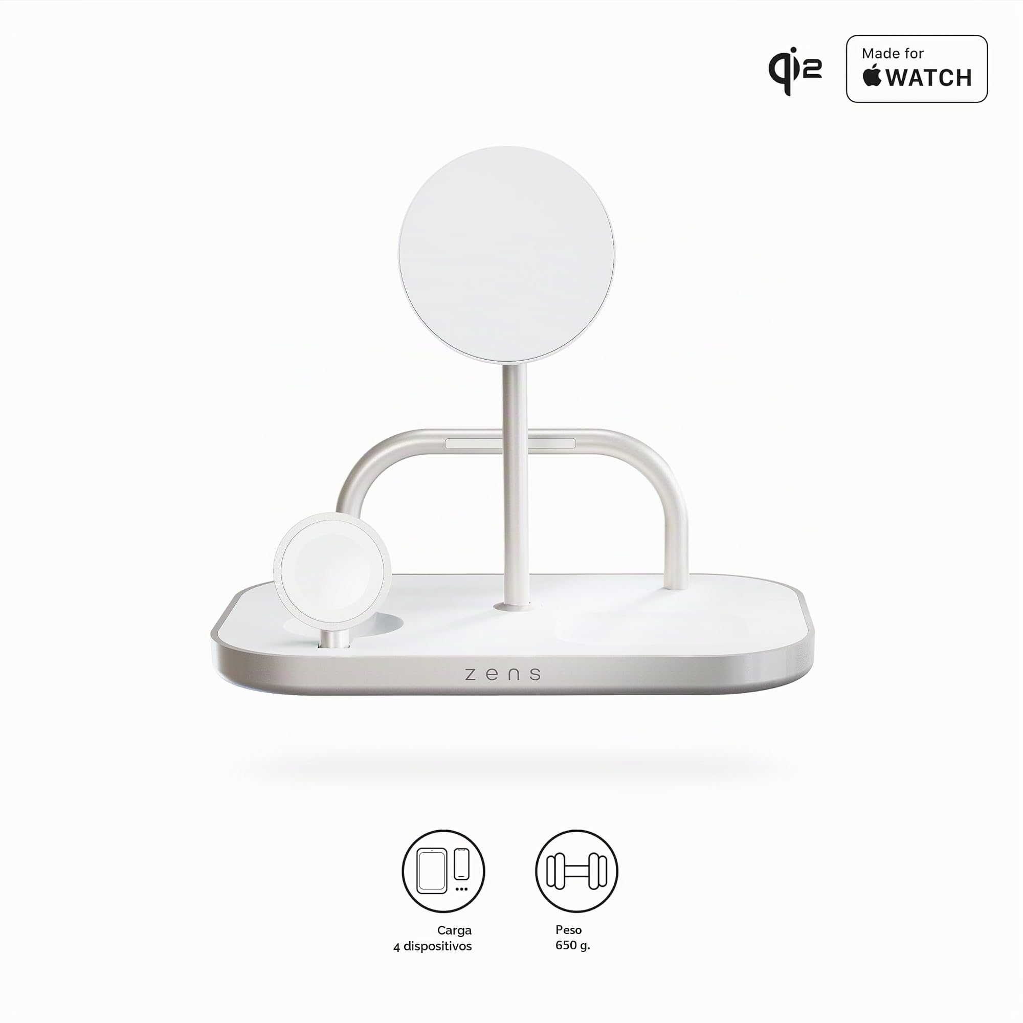 Zens 4-in-1 Wireless Charger, Blanco | Cargador inalámbrico MagSafe y Qi2 de 15W, iPhone/Apple Watch/AirPods, adaptador de 65 W (EU/UK/US) y cable de 1,5 m
