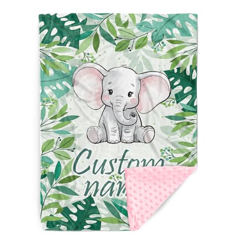 YISMEET Custom Name Baby Blanket – Plush Flannel with Double-Layer Dotted Backing – Elephant and Green Leaves Theme for Infants and Toddlers