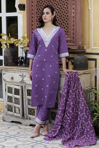 Image of VredeVogel Women's Silk Blend Kurta Pant Set with Chanderi Embroidery Work Dupatta