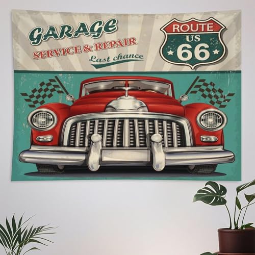ZhiRain Retro Tapestry Wall Hanging Vintage Car Route 66 Garage Tapestries Home Decor for Living Room Bedroom Farmhouse Apartment Dorm 60"x60"