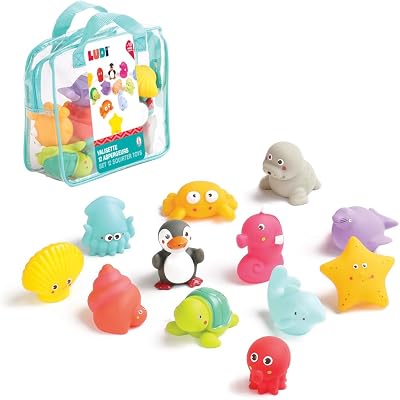 LUDI – 12 Animaux Marins en Plastique pour Jouer dans Le Bain. Dès 6 Mois. Animaux arroseurs rigolos. Sac de Rangement Inclus. Jouet à emmener à la Plage – Aspergeurs 12 Mers – réf. 2174