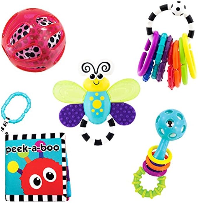 Sassy Baby’s First Developmental Gift Set - Includes Peek-a-Boo Soft Book, Teether, 9 Piece Ring O’ Links, Squish & Rattle Ball and Peek-a-Boo Beads Rattle - Ages 0+ (80764)