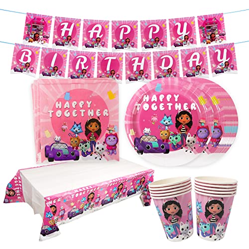 Gxhong Gabby's Dollhouse Party Set Niñas Fiesta de cumpleaños Decoraciones Gabby's Dollhouse Cumpleaños Vajilla Kit con Mantel Platos Tazas, para niñas Fiesta de cumpleaños Decoraciones, Baby Shower Cover