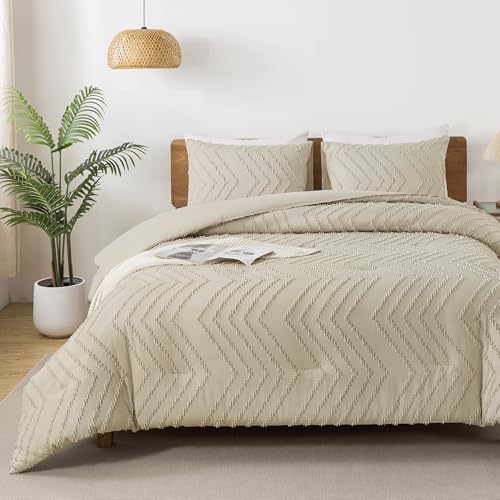 Image of Andency Light Khaki Comforter Set Queen Size, Boho Soft Warm Tufted Bedding Comforter Sets for Queen Size Bed, 3 Pieces Aesthetic Chevron Farmhouse Cute Bohemian Textured Bed Set