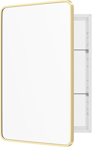 Miniatura 13 de WallBeyond Botiquín de baño con espejo, 16 x 24 pulgadas, gabinete de medicina empotrado dorado con esquina redonda de aleación de aluminio con