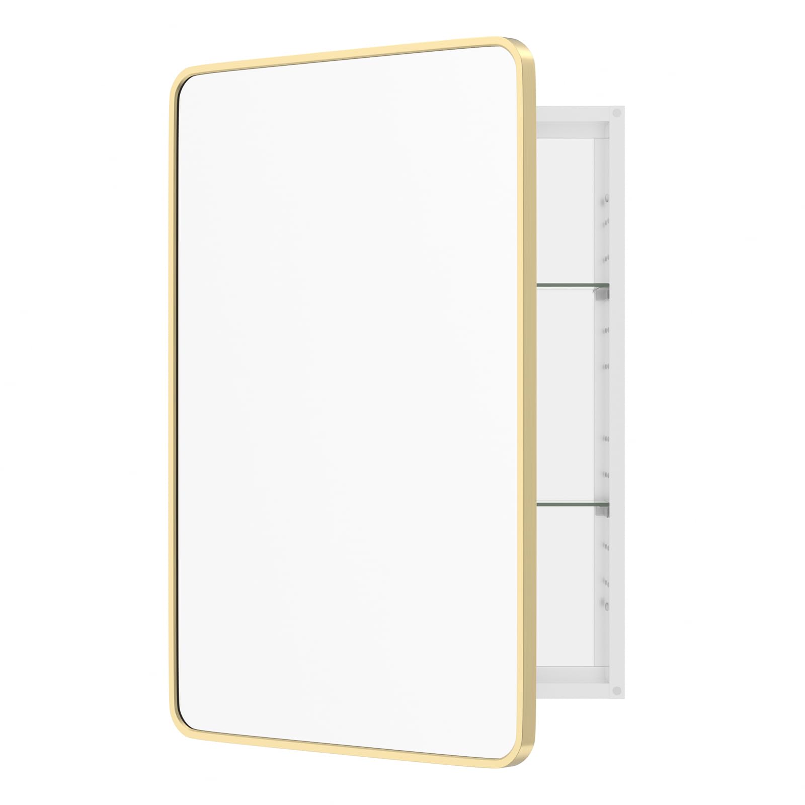 WallBeyond WallByond Bathroom Medicine Cabinet with Mirror, 24x36 Inch Gold Recessed Medicine Cabinet with Round Corner Aluminum Alloy Metal Framed, Single Door Modern MedicineMabinet with Storage