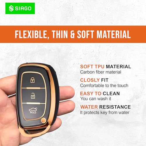 Image of SIAGO SIA348 TPU Key Cover and Metal Keychain Compatible for Hyundai Aura Elantra I.10 Grand Nios I.20 Elite Verna 4S Creta I.10 Grand I.20 Activa Tucson Xcent 3 Button Smart Key (Black Pack of 1)