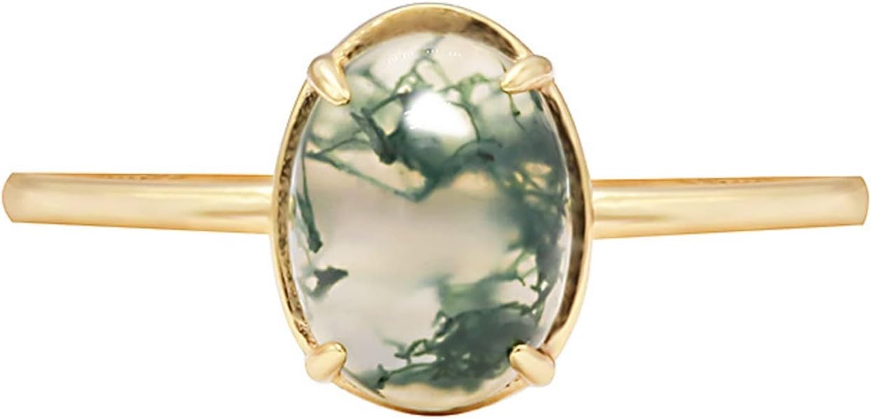 Natural Moss Agate With 14K Gold Plated Sterling Silver Rings Oval Ring Valentine Gift Vintage Retro Ring for Women