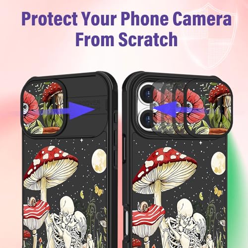 Image of Funermei for iPhone 16 Case - Women Girls Cute Phone Cover Girly Pretty Aesthetic Mushroom Skeleton Unique Design with Camera Cover Funda for Apple for iPhone 16