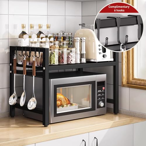 UBRAVOO Adjustable Microwave Oven Rack with Hooks, 100 kg Capacity, Space-Saving Kitchen Shelf with Storage Organizer (Black) - Image 6