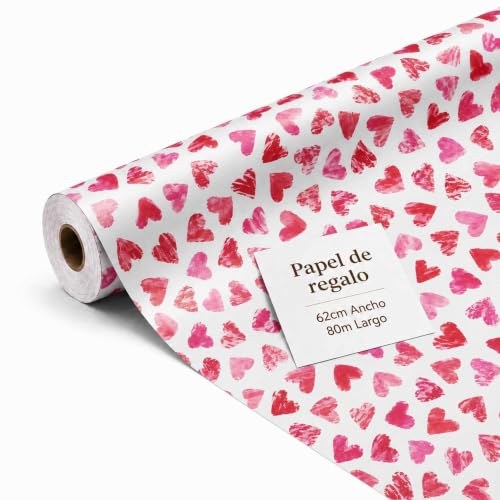 Rollo de papel para envolver regalos, Papel Regalo Cumpleaños, Papel Regalo Navidad, Papel navideño, Tamaño 62 cm x 80 Metros, Contiene 1 Rollo con diseños Banco con Corazones