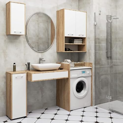 Bdw - Armadietto Per Lavatrice E Asciugatrice, 97,5 X 64 X 50 Cm, Per Bagno, Mobile Alto Per Il Bagno, Rovere Sonoma/Bianco - 6