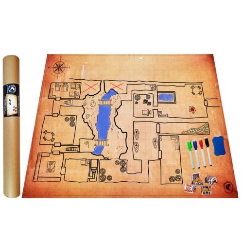 Power Beast Dungeon Grid Game Mat + 4 Marker und Radiergummi + 4 Schatztruhen, Role Playing Game Board, Brettspiele Accesorie, D&D, Kriegsspiele, Pathfinder, Dungeons and Dragons, DND, RPG.