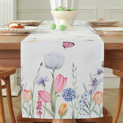meioro Camino de Mesa Colorido Flor Tulipán Mariposa, 30x180cm Traves de Mesa de Temporada, Mantel de Boda Primavera Verano para Decoración de Mesas de Cocina Comedor Fiestas