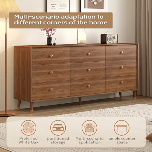Image of Messenya 9 Drawer Dresser for Bedroom, 63 Inch Walnut Dresser for Closet, Mid Century Wood Chest of Drawers with Natural Texture & Pre-Embedded Slots for TV Stand, Living Room, Hallway, Office