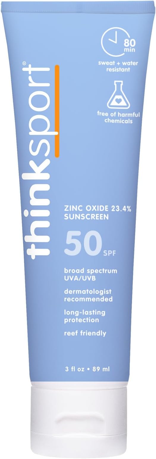 ThinkSport Sunscreen 50 SPF 89ml (3oz) - Safer Zinc Oxide Mineral Formulation - Ideal for all Sport and Outdoor Pursuits - Non-Toxic Ingredients