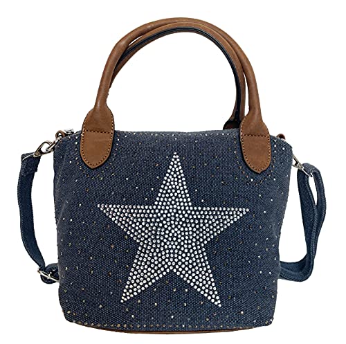 STERN Strass Glitzer Small Star Damen kleine Tasche Canvas Stoff Fashion Henkeltasche Schultertasche Stofftasche Mini Mädchen (Dunkelblau)