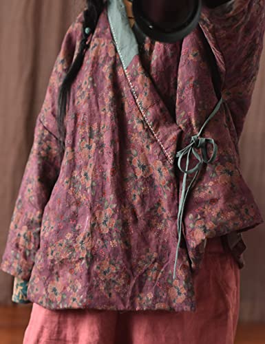 NFYM Women\'s Cotton Padded Short Jacket Kimono Cardigan Wrap Front Chinese Hanfu Style Printed Patchwork Loose Outwear (Purple, One Size) - Thumbnail 5