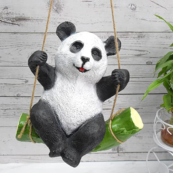 Vikarafty White Bamboo Hanging Swing Panda Statue for Garden Sculpture Decor Hand Painted Accessories Panda-image-15