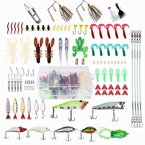 BNTTEAM 101Pcs Ensemble de leurres de pêche durs Assortis Kit de leurres de pêche Souples pour Basse coloré Minnow Popper Manivelle Rattlin VIB Grenouille articulée Crankbait Tackle Pack Eau salée Cover