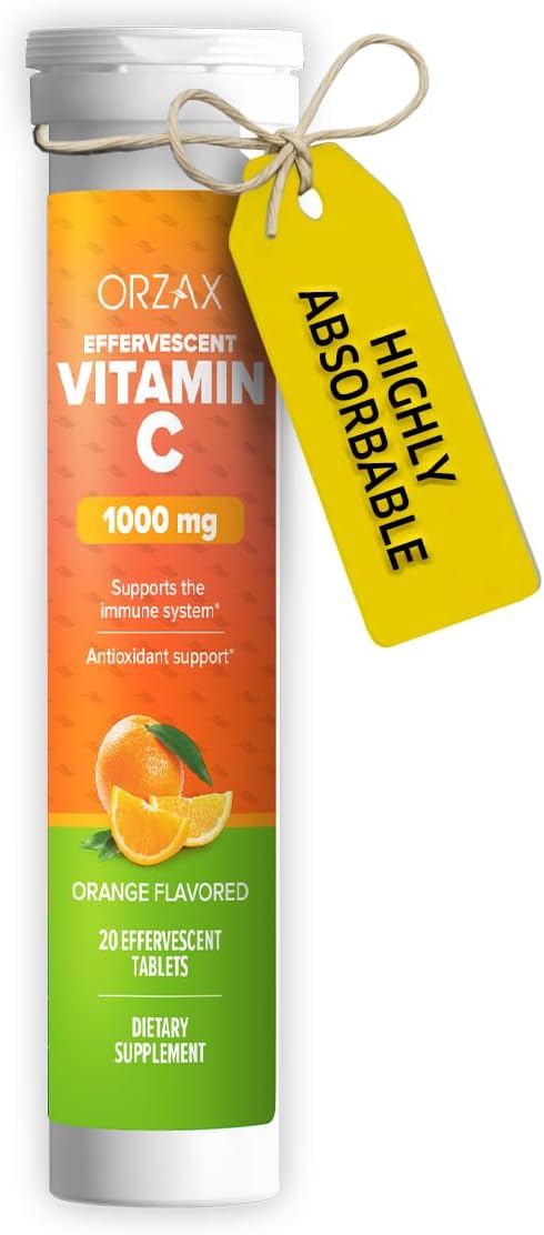 ORZAX Vitamin C 1000mg Effervescent Tablets | Dissolvable Sugar Free Immune & Antioxidant Support | Orange Flavored Fizzy Vitamin C Drink Tablets | 20 Tablets