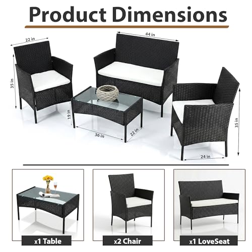 Image of OUTLIVING Outdoor 4 Seater Sofa Set || Patio Furniture Sets || Balcony Sofa || Indoor Sofa || Wicker Rattan Garden Sofa Set with Cushion and Center Table (Black /White)