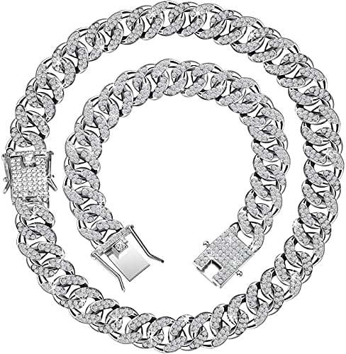 2 Pieces 12 mm Cuban Chain Necklace Bracelet Heavy Strong Link Chain Necklace Bling Necklace Chain for Men Women