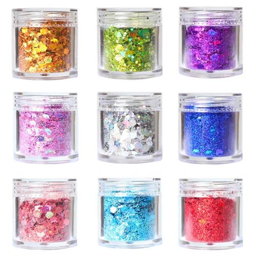 Nagel Glitzer Set,9 Farben Glitzer Holographische Pailletten Set Feiner Glitter Basteln Glitzer Gesicht für NagelKunst, Lidschatten,Gesich,Lippen,Haare, Basteln,DIY,Festival Masquerade