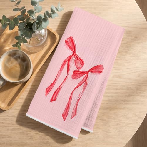 Image of 4 Pcs Pink Bow Hand Towels 24x14 Inch, Bows Decor Reusable Tea Towels
