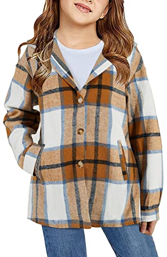 Girls Cute Flannel Plaid Button Down Top with Pockets Long Sleeve Hooded Jacket