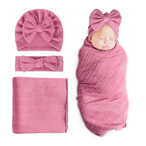 Image of DRESHOW BQUBO Newborn Receiving Blanket Toddler Warm for Girls with Bow Hat and Bow Headband Shower Gift