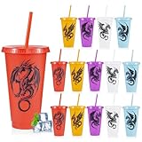 YLFYCOM 15 Pcs Western Dragon Cups with Lids and Straws, 24 oz Plastic Drink Cups Reusable Bulk Dragon Tumblers for Fantasy Creature Theme Party Favors Birthday Party Gifts