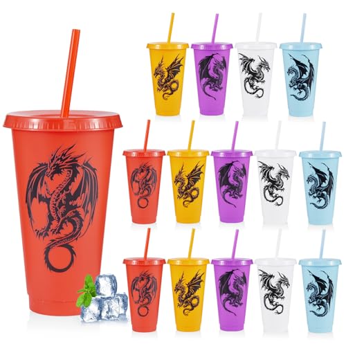 YLFYCOM 15 Pcs Western Dragon Cups with Lids and Straws, 24 oz Plastic Drink Cups Reusable Bulk Dragon Tumblers for Fantasy Creature Theme Party Favors Birthday Party Gifts