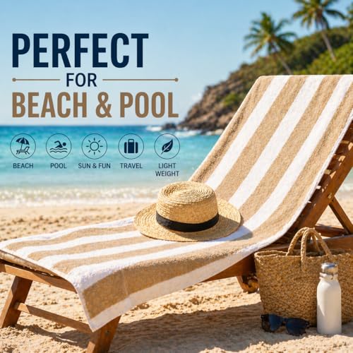 Image of TowelWala Extra Large Cotton Pool & Bath Towel | 180x90 cm | 450 GSM Cotton | Quick Drying & Highly Absorbent | Striped Design for Adults | TW PT Beige Pack 1
