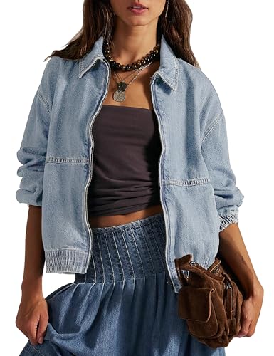 Bell Princess Womens Denim Jackets Long Sleeve Zip Up Elastic Hem Classic Loose Jean Bomber Jacket Outfit(0135-LightBlue-S)