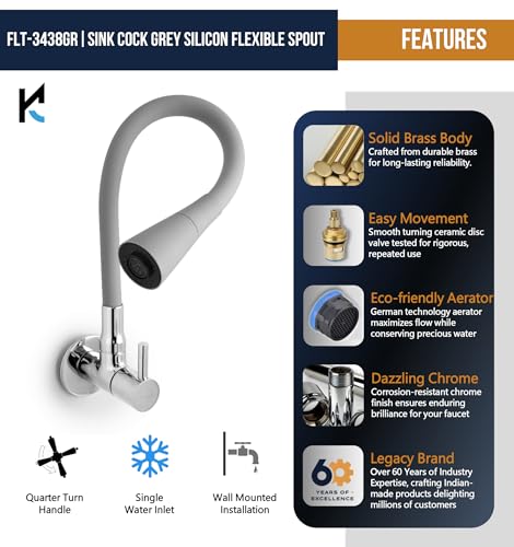 Image of KAMAL Full Brass Sink Tab Cock Flexo Play Grey (Dual Flow Flexible Swivel Spout 360 Degree) Bib Tap Faucet (Wall Mount Installation Type)