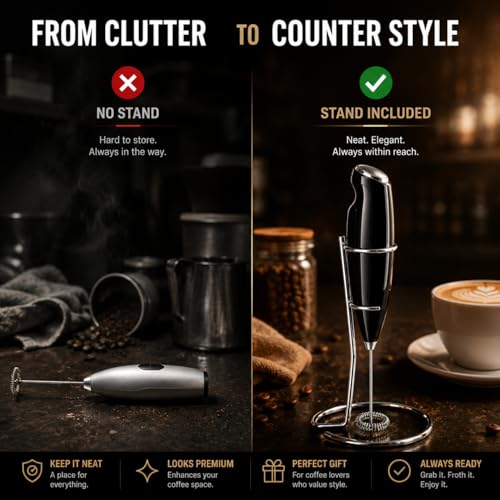 Image of AXEON Electric Milk Frother with Stand | Handheld Milk Frother for Coffee, Lattes, Milk, Hot Chocolates & Cream | Battery Operated Milk Foam Maker | Stainless Steel Whisk