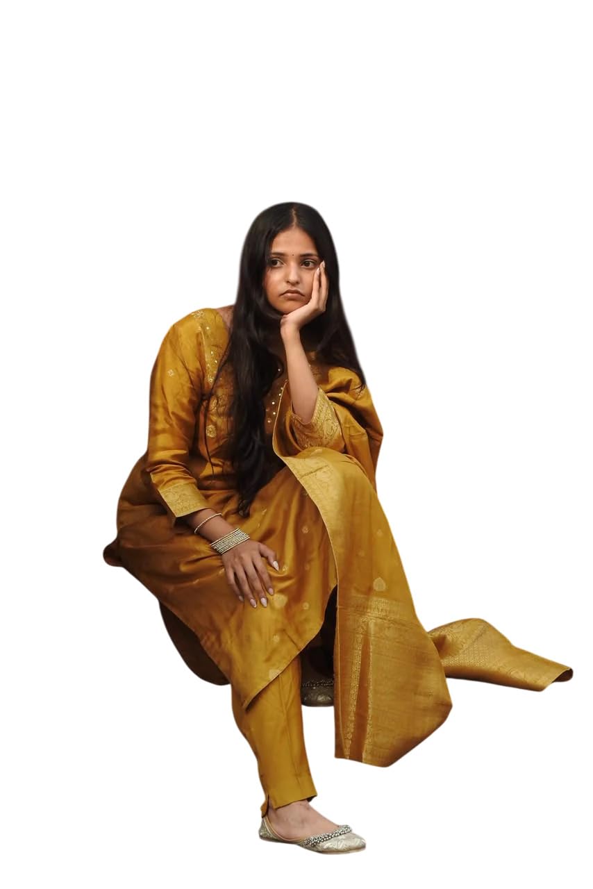 Dark Mustard Embroidered Kurta with Pant & Dupatta Ethnic Wear Suit-image-30