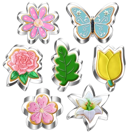 Cortador de Galletas de Flores, Cortadores de Flores, Moldes para Galletas, Cortadores de Reposteria de Acero Inoxidable para Primavera, Pascua, Bodas, Día de la Madre (7PCS)