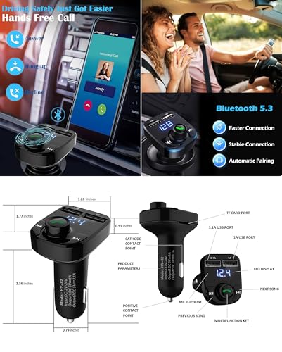 Image of Spiaty Bluetooth 5.3 Car FM Transmitter with Hands-Free Calling, Dual USB Car Charger, LED Display, TF Card Support & Music Player for All Smartphones